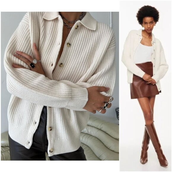 Aritzia Wilfred Claudette Merino Wool Cardigan Sweater Ribbed Light Burch size S - Picture 1 of 14